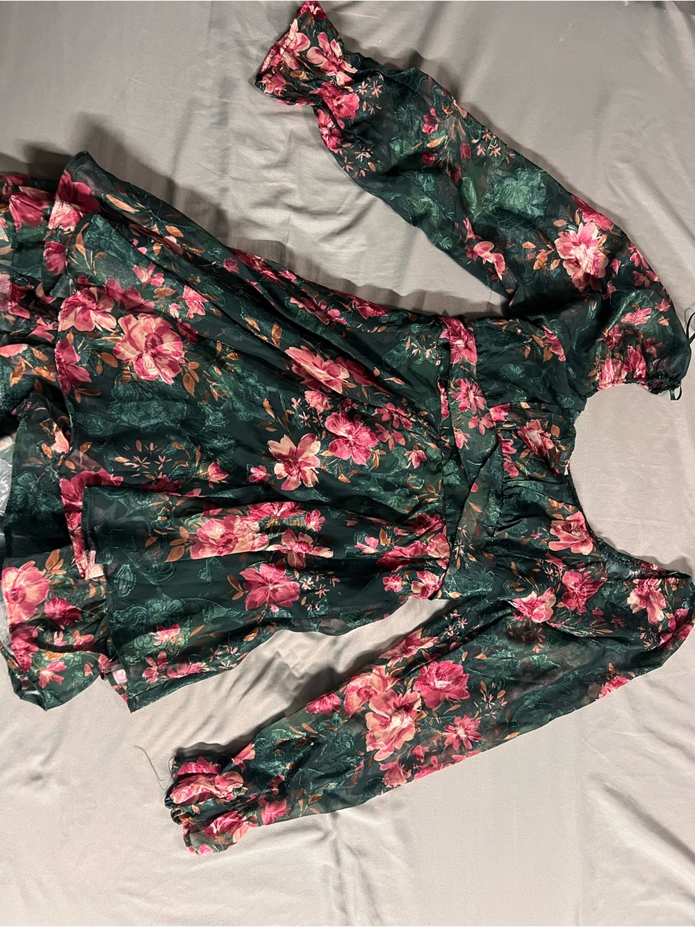 Off-Shoulder Floral Tunic Dress in Dark Green with Pink Blossoms